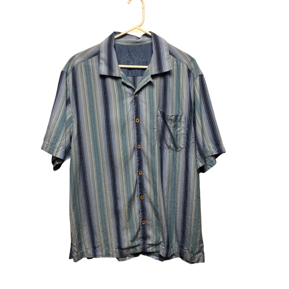 Tommy Bahama Shirt Mens Size Large Blue Striped Short Sleeve Button Up Casual